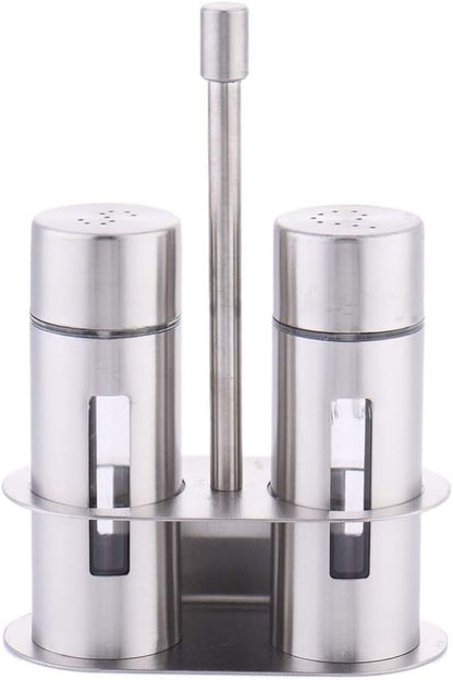 Stainless Steel Salt and Pepper Shaker Set with Stand, Odor-Free Spice Containers, Leak-Proof Airtight Seal, Transparent Glass Seasoning Jars, Ideal for Kitchen Condiments and Seasoning
