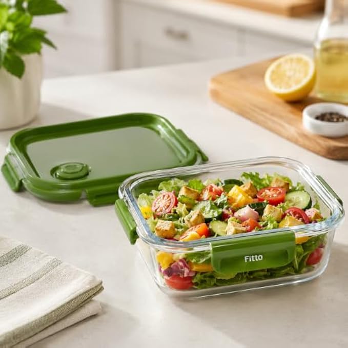 96 Pieces 520 ML Square Glass Food Storage Containers with Green Leak-Resistant Lid (4-Side Locking Clips – Stackable Kitchen Storage Box)