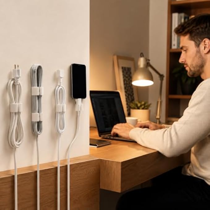 240 Pieces Self-Adhesive Cable Hooks (6-Piece Cord Organizer Clip Set – For Desk – Wall – Home – Office – Bedside and Kitchen – White)