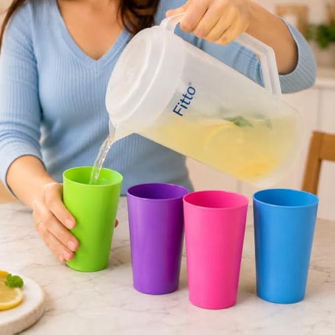 96 Pieces Plastic Water Jugs (4-Glass Set – 2000ml Jug and 300ml Cups – BPA-Free Food-Grade Drinkware Set for Water – Juice – Iced Tea and Everyday Family Use)
