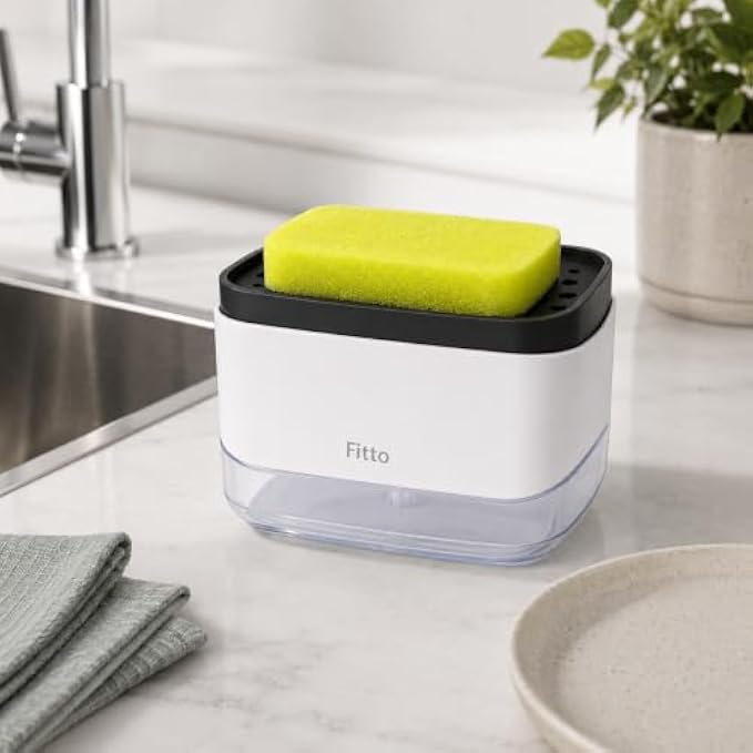120 Pieces 2-in-1 Soap Pump and Sponge Caddies (400 ml Soap Dispenser with Drainage Tray – Press Top Sink Organizer – Refillable Countertop Sponge Holder – White and Black)