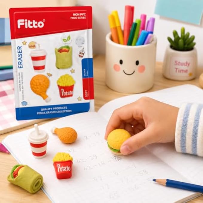 144 Pieces Food-Shaped Eraser Sets (4-Piece Assorted Drink Cup – Wrap – Fries and Chicken Pencil Erasers)