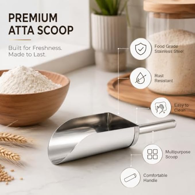 72 Pieces Stainless Steel Atta Scoops (Food Safe Multipurpose Flour Scoop for Atta – Rice – Grains and Dry Ingredients – Durable Easy Clean Kitchen Scoop – Silver)