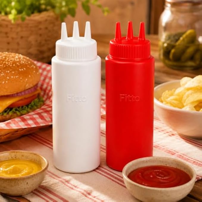 240 Pieces 2 Piece Squeeze Bottle Sets (16 oz Red and White Condiment Bottles with 3-Nozzle Top – Food-Grade BPA-Free Plastic Sauce Dispenser Bottles for Ketchup – Mustard – Sauces and Kitchen Use)