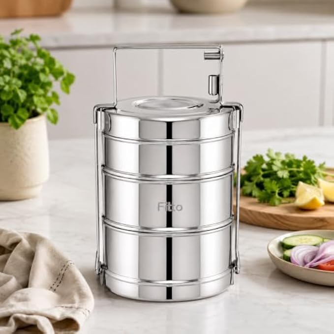 72 Pieces 3 Layer Stainless Steel Lunch Boxes with Carry Handle (304 Food-Grade Tiffin Carrier – Leak-Resistant Side Locks – Reusable Food Storage Container – Silver)