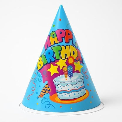 Birthday Cone Party Hats Medium Pack of 6 Blue - Kids & Adults Disposable Cone Caps
