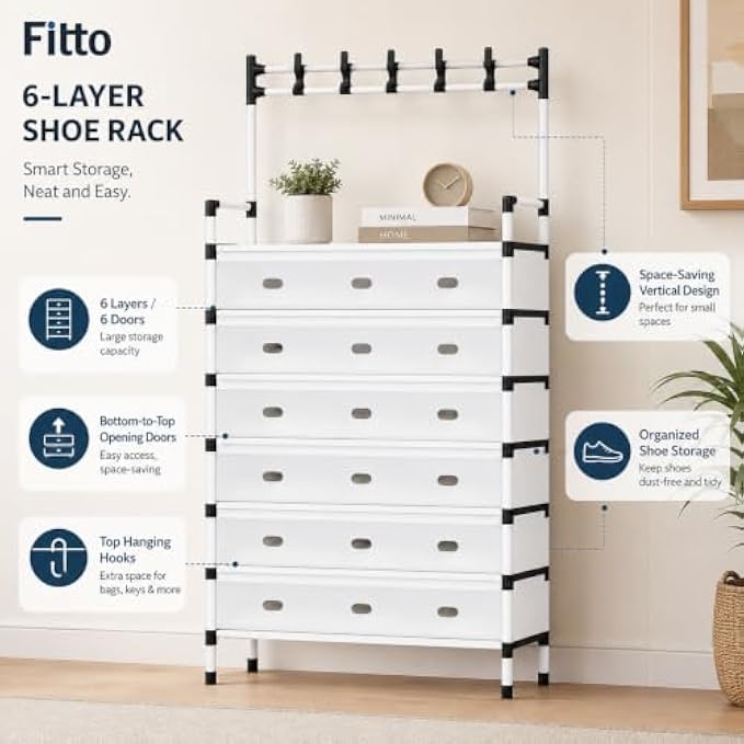 72 Pieces 6 Layer Shoe Racks with Front Doors (Space Saving Shoe Organizer with Top Hooks for Entryway – Bedroom – Closet and Hallway – White and Black)
