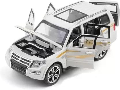 Fitto 1:32 Scale Mitsubishi Pajero SUV Metal Car Toy with Sound & Light for Children - White Color, Die-Cast Model with Realistic Features for Boys & Girls, Ideal Gift for Car Enthusiasts