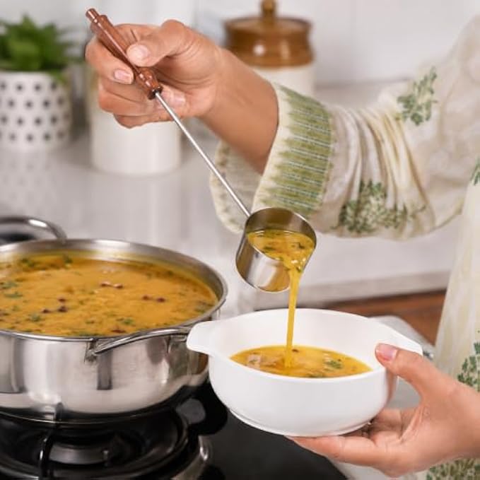 96 Pieces Stainless Steel Liquid Servers with Long Plastic Handle (Deep Serving Ladle for Soup – Curry – Gravy and Sauces – Silver and Brown)