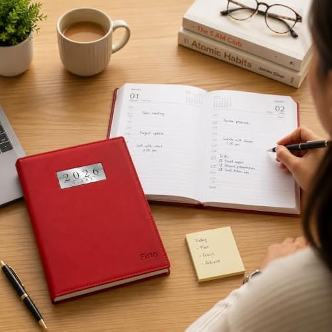 120 Pieces 2026 Daily Planner Diaries (Compact 10 x 15 cm English Pages Notebook with Durable Red Cover and Ribbon Bookmark)