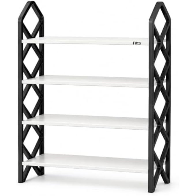 96 Pieces 4 Layer Shoe Racks (Space Saving Freestanding Organizer Shelf for Shoes – Slippers and Daily Storage – Black and White)