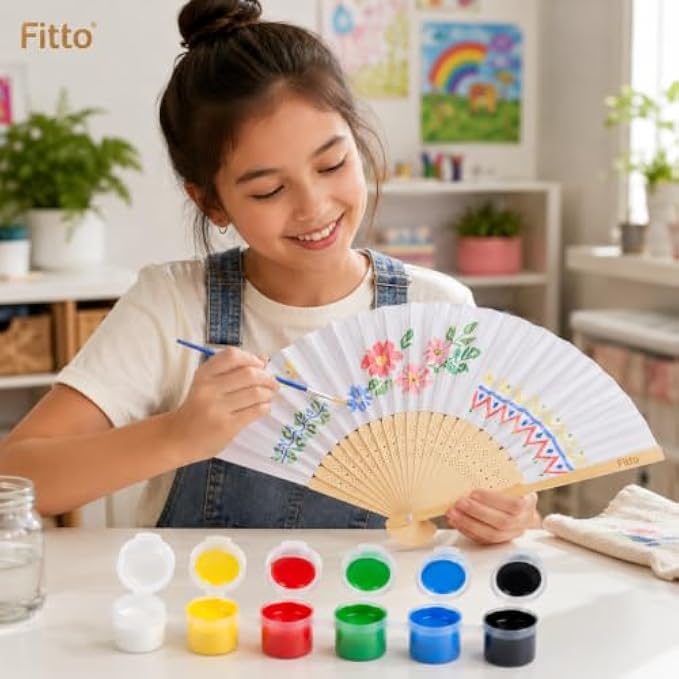 120 Pieces DIY Folding Hand Fan Painting Kits with White Paintable Fan (6 Paint Pots and Brush – Natural Wood and Assorted Colors)
