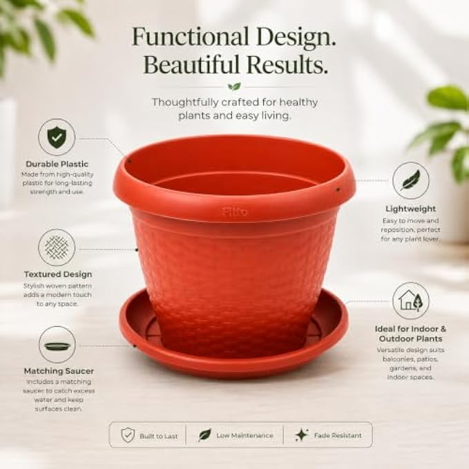 96 Pieces 25 cm Plastic Plant Pots with Matching Saucer (Textured Lightweight Flower Planter for Indoor and Outdoor Plants – Durable Decorative Garden Pot – Orange Red)