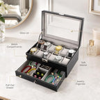 48 Pieces Watch and Jewelry Organizer Boxes with Glass Lid (12 Watch Compartments and Pull-Out Drawer for Rings – Bracelets and Accessories – Black)