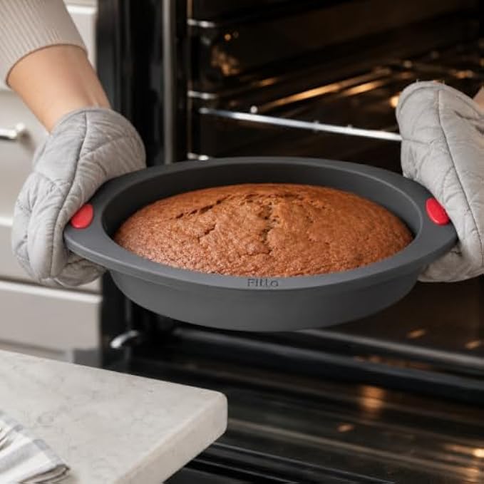 96 Pieces 9 Inch Round Silicone Cake Pans with Easy-Grip Handles (Food-Grade Non-Stick Baking Mold – Flexible Heat Resistant Bakeware – Easy Release and Easy Clean – Grey with Red Handles)