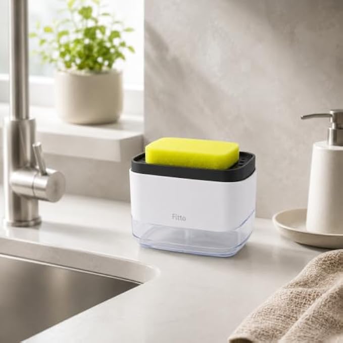 120 Pieces 2-in-1 Soap Pump and Sponge Caddies (400 ml Soap Dispenser with Drainage Tray – Press Top Sink Organizer – Refillable Countertop Sponge Holder – White and Black)
