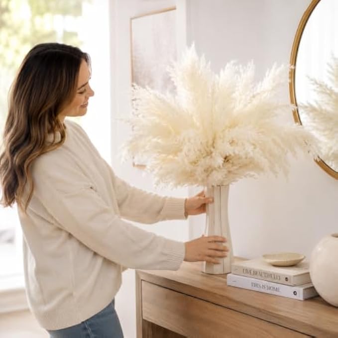 96 Pieces White Pampas Grass Decors (Soft Fluffy Dried Floral Stems for Vase – Living Room – Bedroom – Office and Event Decoration)