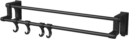 Towel Holder with 4 Hooks – Black Metal Wall Mount, Kitchen Organizer with Double Hanger for Hand Towels, Self-Adhesive, No Drill, Space-Saving Design for Bathroom and Kitchen