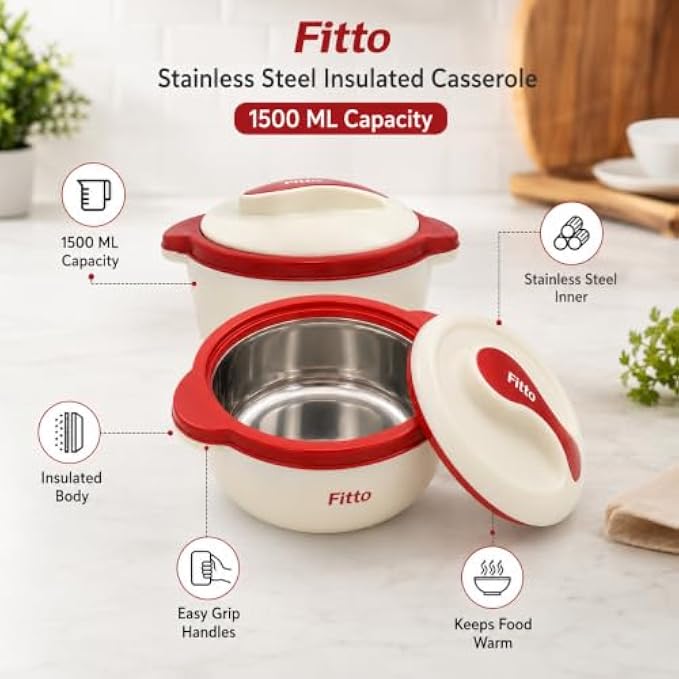 96 Pieces Stainless Steel Insulated Casseroles (1500 ML with Lid – Hot Pot Food Warmer – Easy-Grip Handles – Red and Cream)