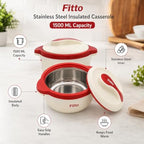 96 Pieces Stainless Steel Insulated Casseroles (1500 ML with Lid – Hot Pot Food Warmer – Easy-Grip Handles – Red and Cream)