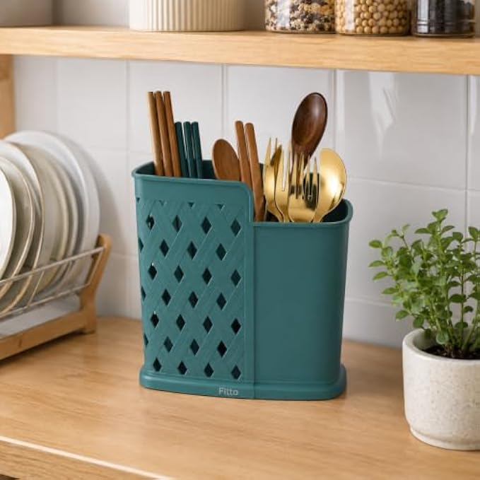120 Pieces Plastic Utensil Holders (Dual Compartment Chopstick Spoon Fork Organizer with Drainage Cutouts – Teal Green)