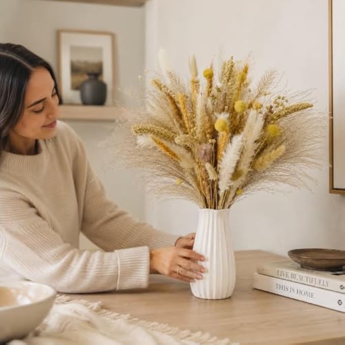 96 Pieces Natural Dried Pampas Grass Bouquets with Wheat Stems and Bunny Tails (Neutral Boho Floral Arrangement for Living Room – Bedroom and Office Décor – Yellow – Beige and White)