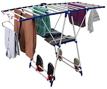 FITTO Winsome Steel Cloth Drying Stand Rack - Heavy-Duty Powder Coated, Rust-Free Laundry Organizer with Slots for Hangers | Foldable and Portable Clothes Drying Stand for Indoor & Outdoor Use