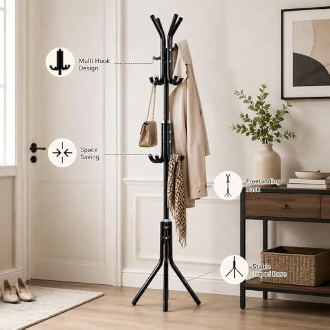 72 Pieces Freestanding Metal Coat Racks with Multiple Hooks and Tripod Base for Coats (Hats – Bags – Entryway – Bedroom and Office – Assorted Colors)