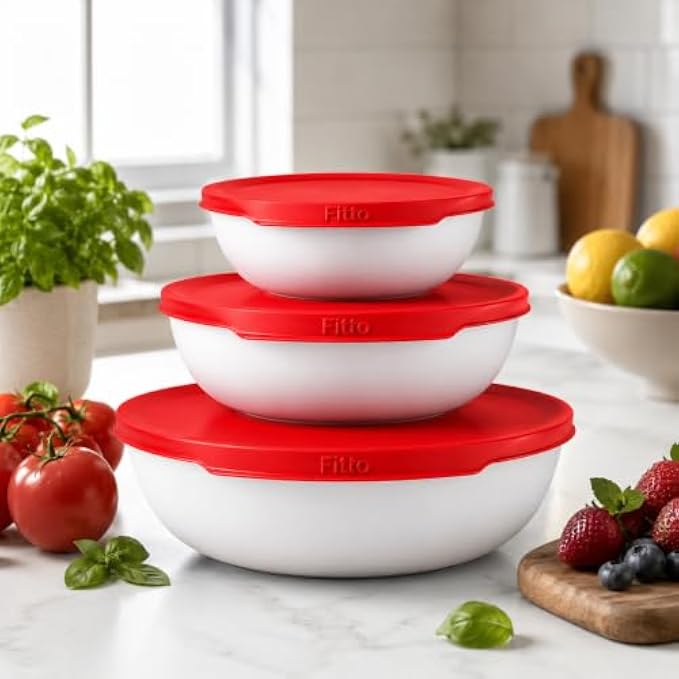 96 Pieces 3 Piece Vacuum Sealed Food Storage Container Sets (Stackable BPA-Free Bowls with Red Lids for Kitchen Storage)