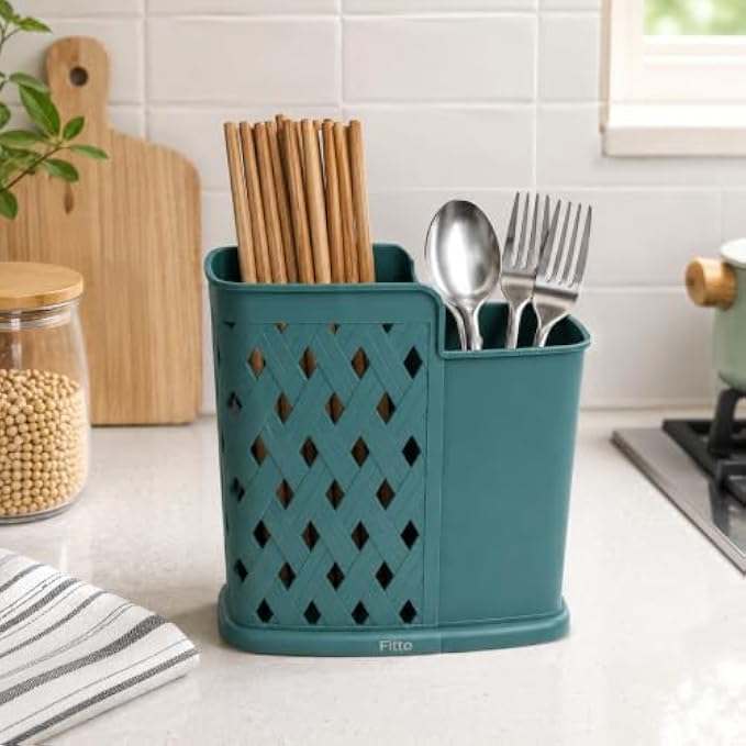 120 Pieces Plastic Utensil Holders (Dual Compartment Chopstick Spoon Fork Organizer with Drainage Cutouts – Teal Green)