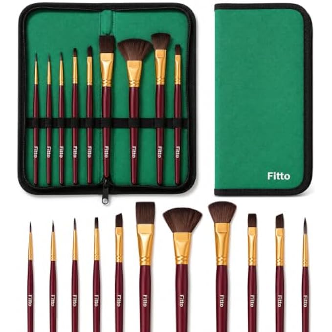 72 Pieces 11-Piece Acrylic Paint Brush Sets with Mixed Shapes and Portable Zip Case (Burgundy and Green)