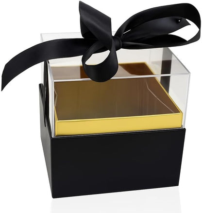 Transparent Acrylic Gift Flower Box with Ribbon, 13x13x12cm, Black