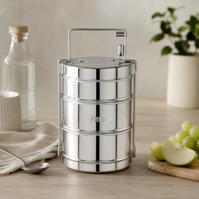 72 Pieces 3 Layer Stainless Steel Lunch Boxes with Carry Handle (304 Food-Grade Tiffin Carrier – Leak-Resistant Side Locks – Reusable Food Storage Container – Silver)