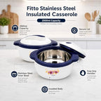 72 Pieces Stainless Steel Insulated Casseroles (2500ml – Hot Pot Food Warmer with Stainless Steel Inner Bowl – Secure Lid and Easy-Grip Handles – White and Navy Blue)