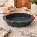 96 Pieces 9 Inch Round Silicone Cake Pans with Easy-Grip Handles (Food-Grade Non-Stick Baking Mold – Flexible Heat Resistant Bakeware – Easy Release and Easy Clean – Grey with Red Handles)