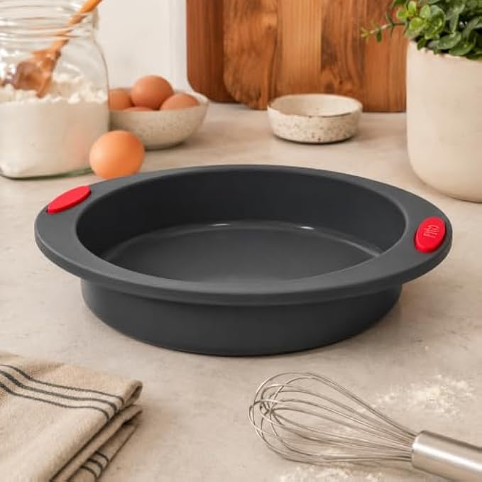 96 Pieces 9 Inch Round Silicone Cake Pans with Easy-Grip Handles (Food-Grade Non-Stick Baking Mold – Flexible Heat Resistant Bakeware – Easy Release and Easy Clean – Grey with Red Handles)