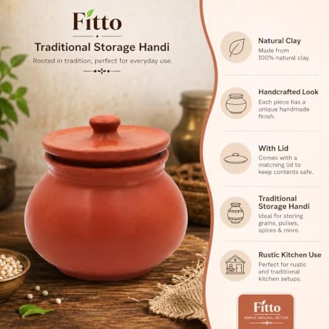 72 Pieces Traditional Clay Storage Handis with Lid (Natural Earthen Pot for Storing Grains – Pulses – Spices and Kitchen Essentials – Terracotta)