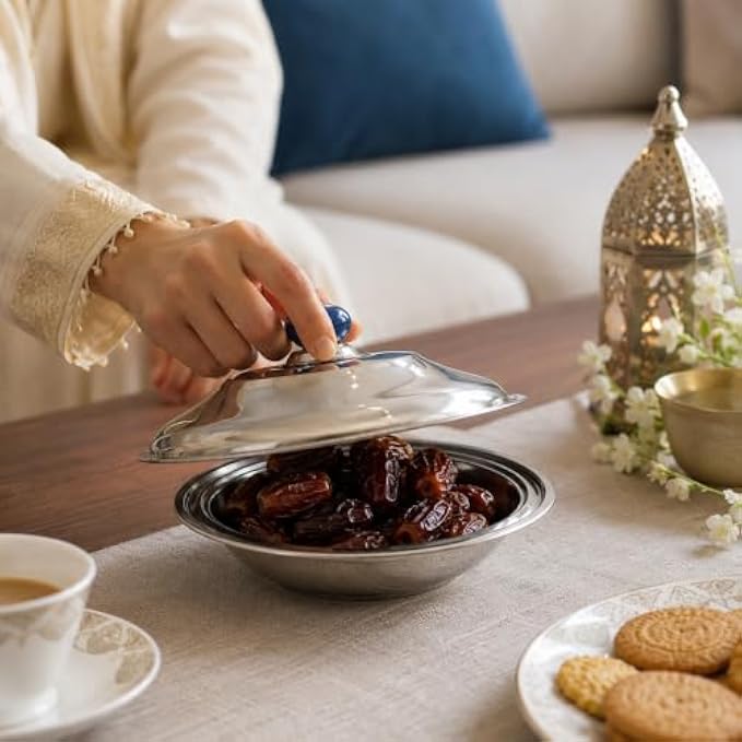 96 Pieces Stainless Steel Dates Dishes with Lid (Round Serving Bowl for Dates – Dry Fruits – Sweets and Snacks – Silver)