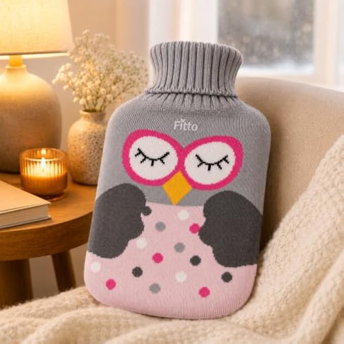 96 Pieces 2 Liter Hot Water Bags with Soft Owl Knitted Cover (Wide Mouth – Leak-Resistant Stopper – Reusable Warm Water Bottle – Grey)