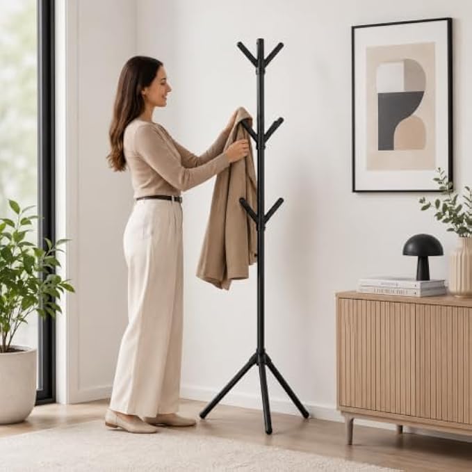 72 Pieces 3-Tier Freestanding Metal Coat Racks with Multiple Hooks and Tripod Base for Coats (Hats – Bags – Entryway – Bedroom and Office – Black)