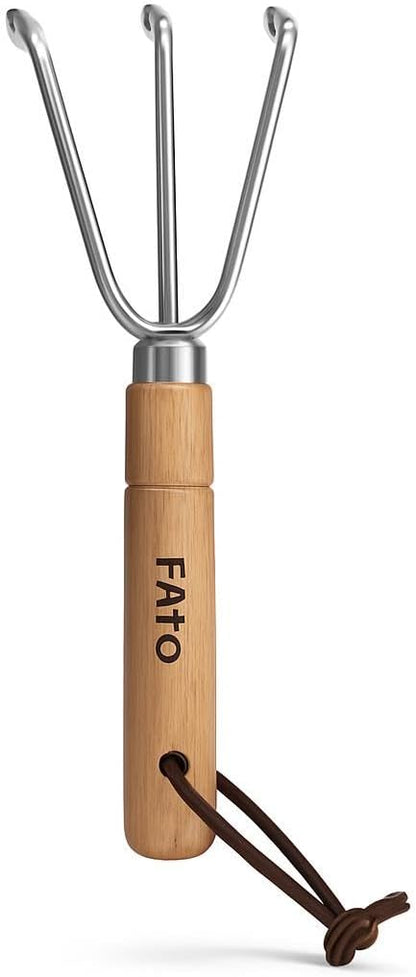 Hand Cultivator with Wooden Handle and Leather Strap for Soil Aeration and Weeding