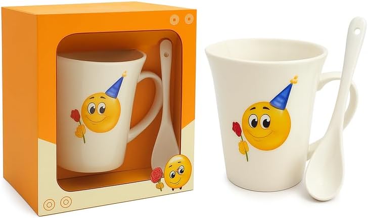 White Ceramic Mug with Spoon, Happy Birthday Print, Smile and Cake Design