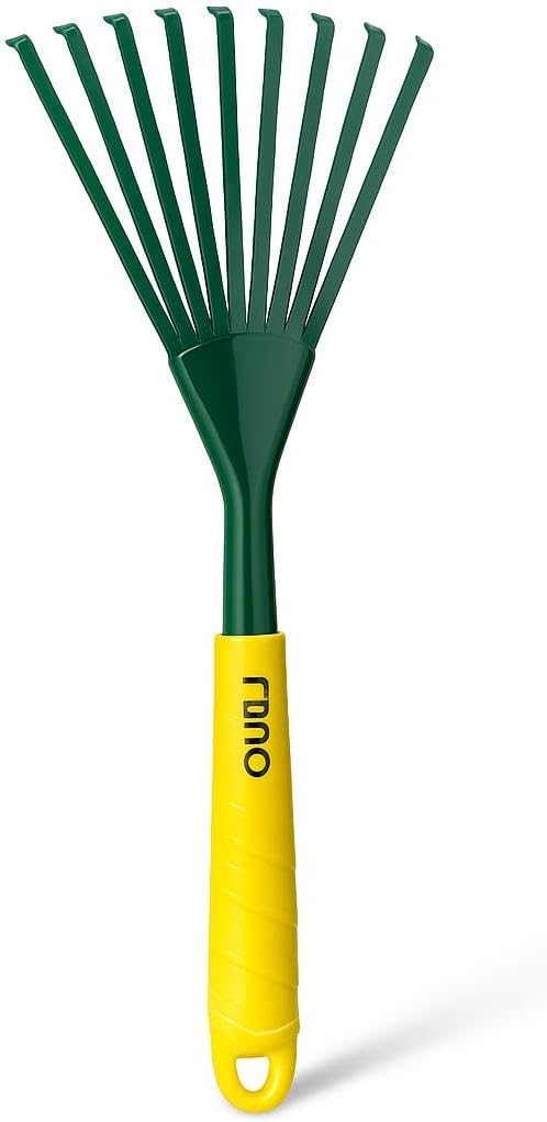 Small Garden Rake with Green Head and Yellow Handle, 9 Tines for Raking Leaves and Soil
