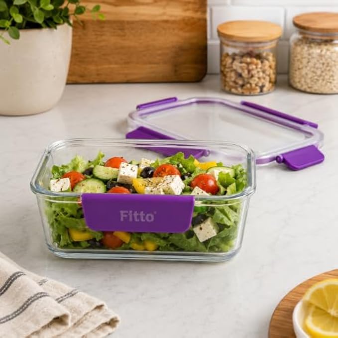 96 Pieces 800ml Glass Food Storage Containers with 4-Side Locking Clips (Leak-Resistant Lid – Clear Stackable Kitchen Storage Box for Meal Prep and Leftovers – Purple)