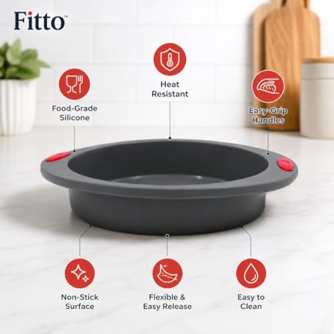96 Pieces 9 Inch Round Silicone Cake Pans with Easy-Grip Handles (Food-Grade Non-Stick Baking Mold – Flexible Heat Resistant Bakeware – Easy Release and Easy Clean – Grey with Red Handles)