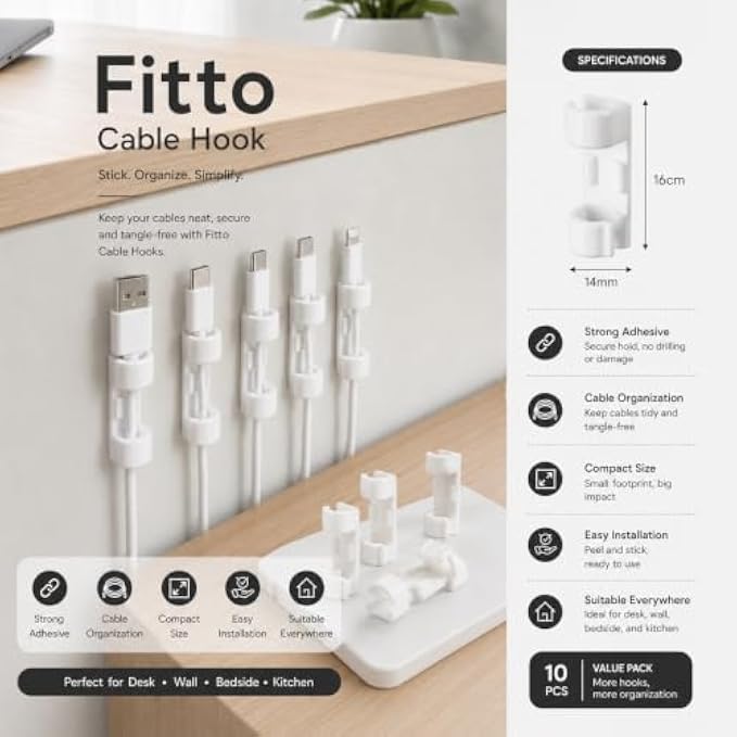 240 Pieces Self-Adhesive Cable Hooks (6-Piece Cord Organizer Clip Set – For Desk – Wall – Home – Office – Bedside and Kitchen – White)