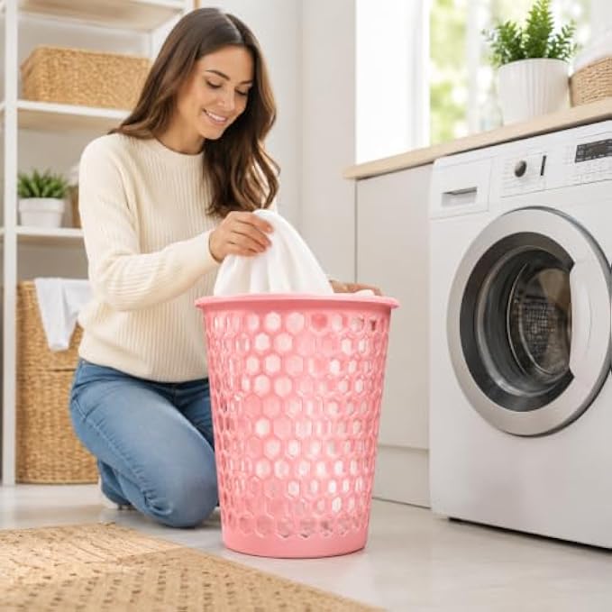 96 Pieces Plastic Laundry Baskets with Ventilated Honeycomb Design (Lightweight Open-Top Clothes Hamper for Bedroom – Bathroom and Laundry Room – Pink)