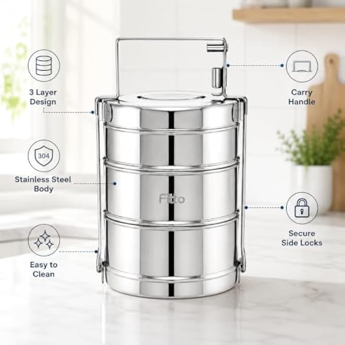 72 Pieces 3 Layer Stainless Steel Lunch Boxes with Carry Handle (304 Food-Grade Tiffin Carrier – Leak-Resistant Side Locks – Reusable Food Storage Container – Silver)
