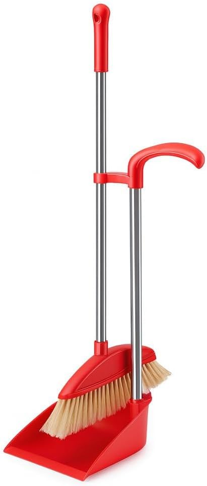 Broom and Dustpan Set - Heavy Duty Metal Handle, Upright Stand, Long Handle for Easy Sweeping, Compact Design for Home, Office, and Kitchen, Indoor & Outdoor Cleaning Supplies ( Beige )