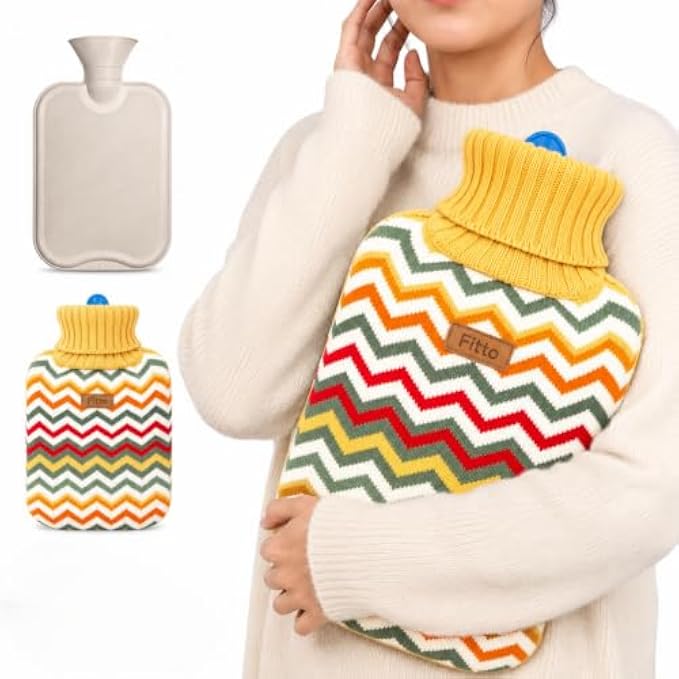 96 Pieces 2L Hot Water Bags with Yellow Zigzag Knitted Cover (Reusable Warm Water Bottle with Leak-Resistant Stopper for Bed and Sofa)